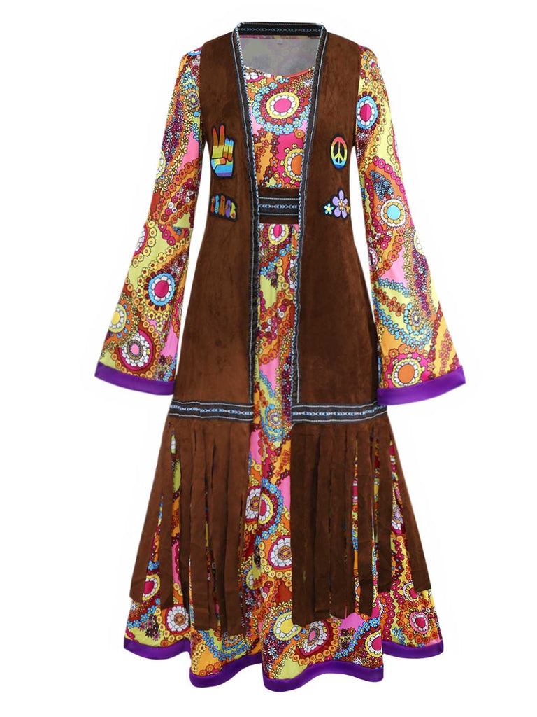 2PCS Gilet franges et robe hippie psychédélique années 1970
