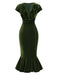 Robe de sirène en velours vert à col en V et boutons des années 1930