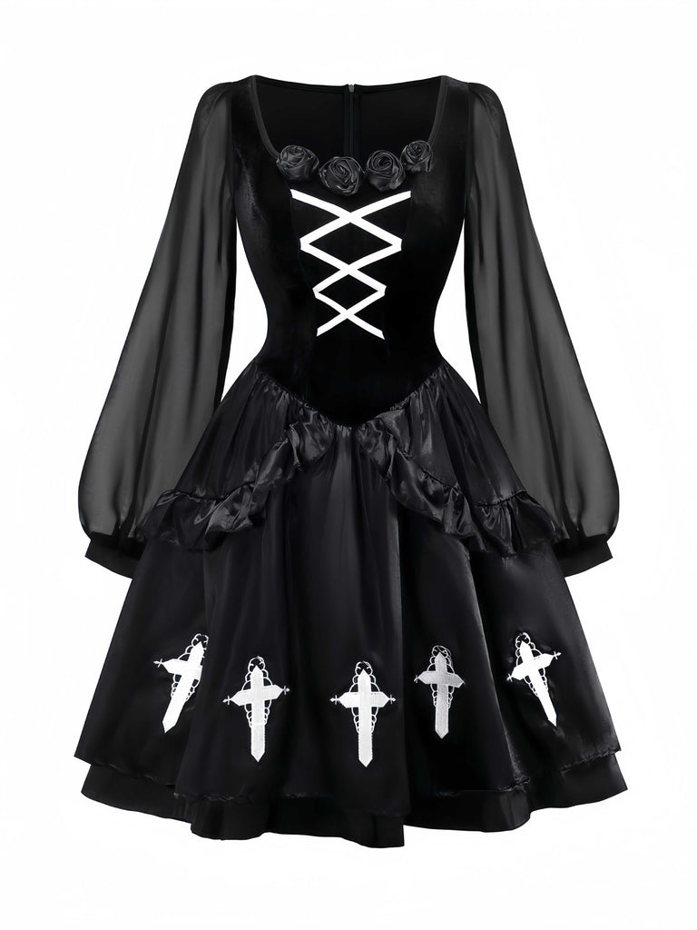 Robe gothique en velours avec croix et roses 3D des années 1980 et bandeau