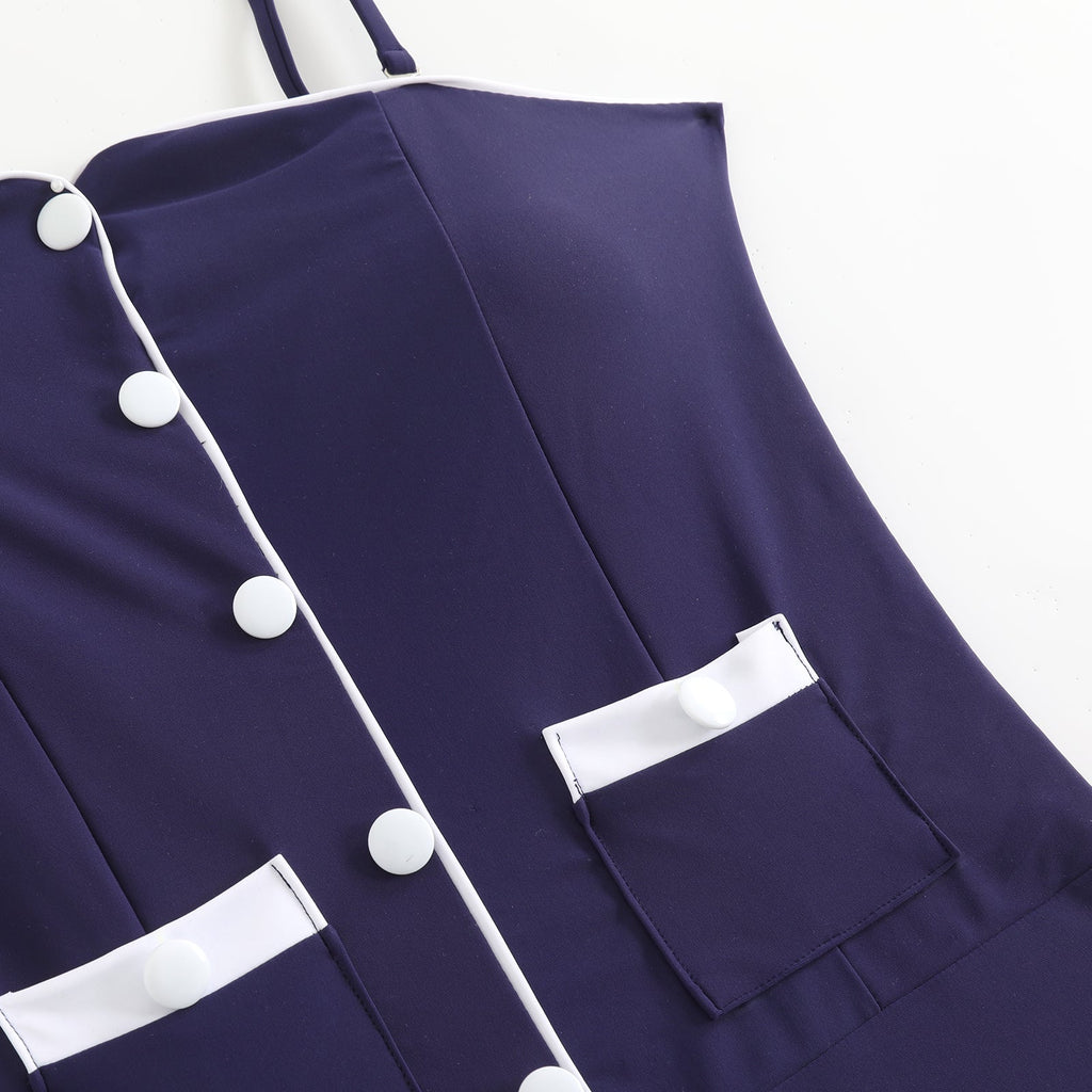 Maillot de bain une pièce bleu foncé à bretelles boutons années 1940