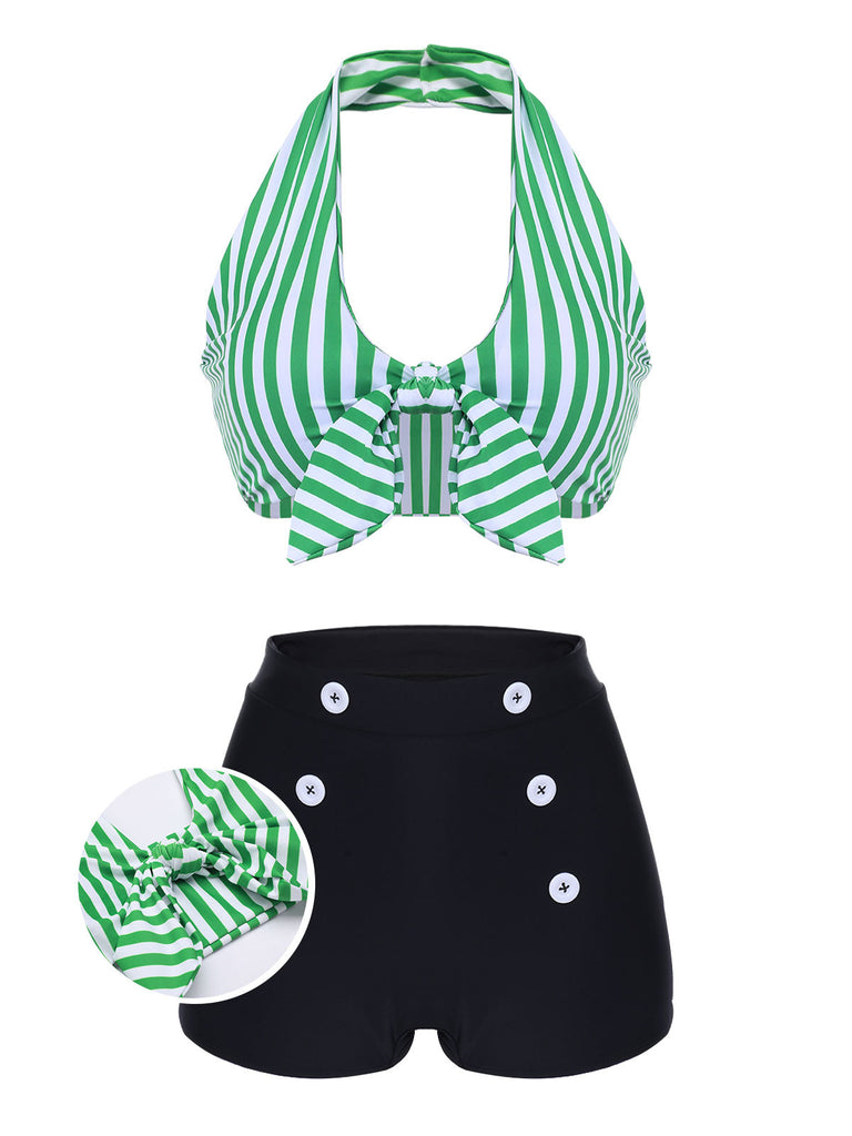 Maillot de bain vert à rayures col v dos nu rétro