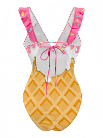 Maillot de bain rose à volants dos noué motif glace années 1970