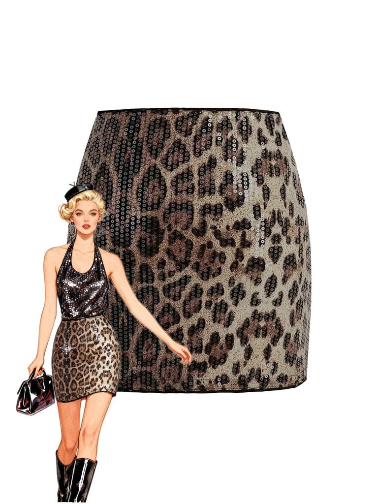 Mini-jupe sequins imprimé léopard marron années 80