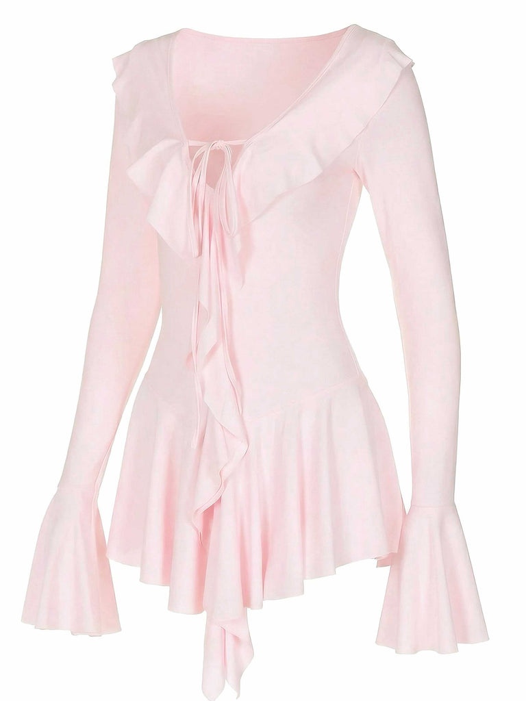 Robe rose col en V et manches évasées volants années 60