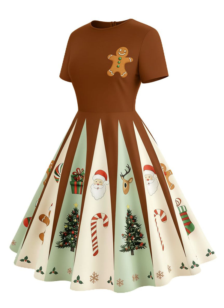 Robe trapèze marron style pain d'épices de Noël des années 1950
