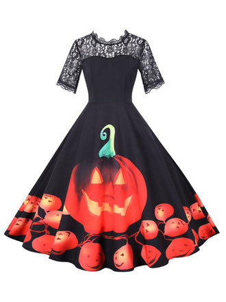 Robe noire patchwork à manches en dentelle pour Halloween des années 1950
