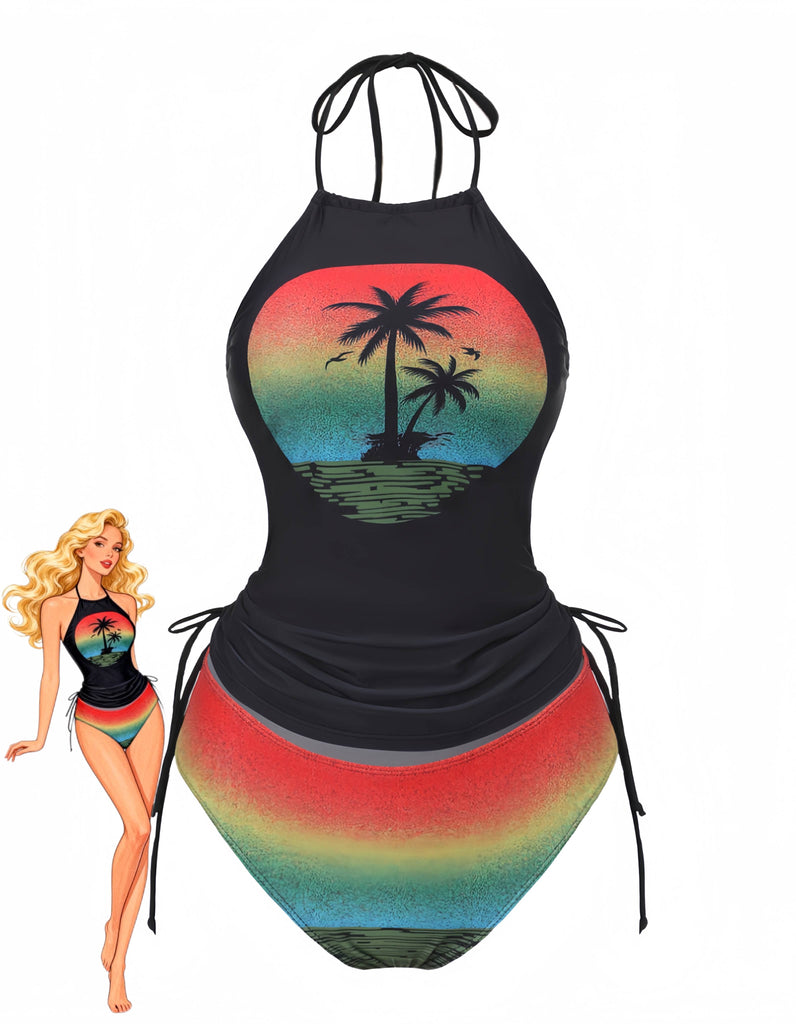 Maillot de bain tankini tie-dye noir à motif palmiers au coucher du soleil années 1940