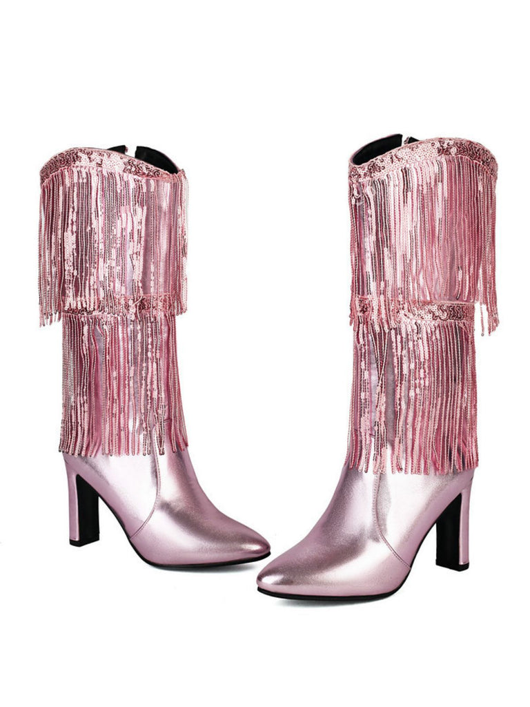 Bottines disco métallisées à franges et bout pointu