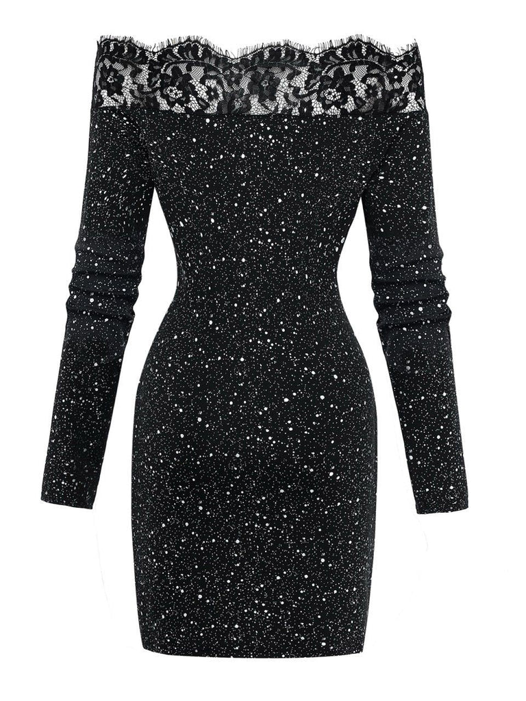 Robe noire en dentelle avec éclaboussures argentées métallisées années 1980