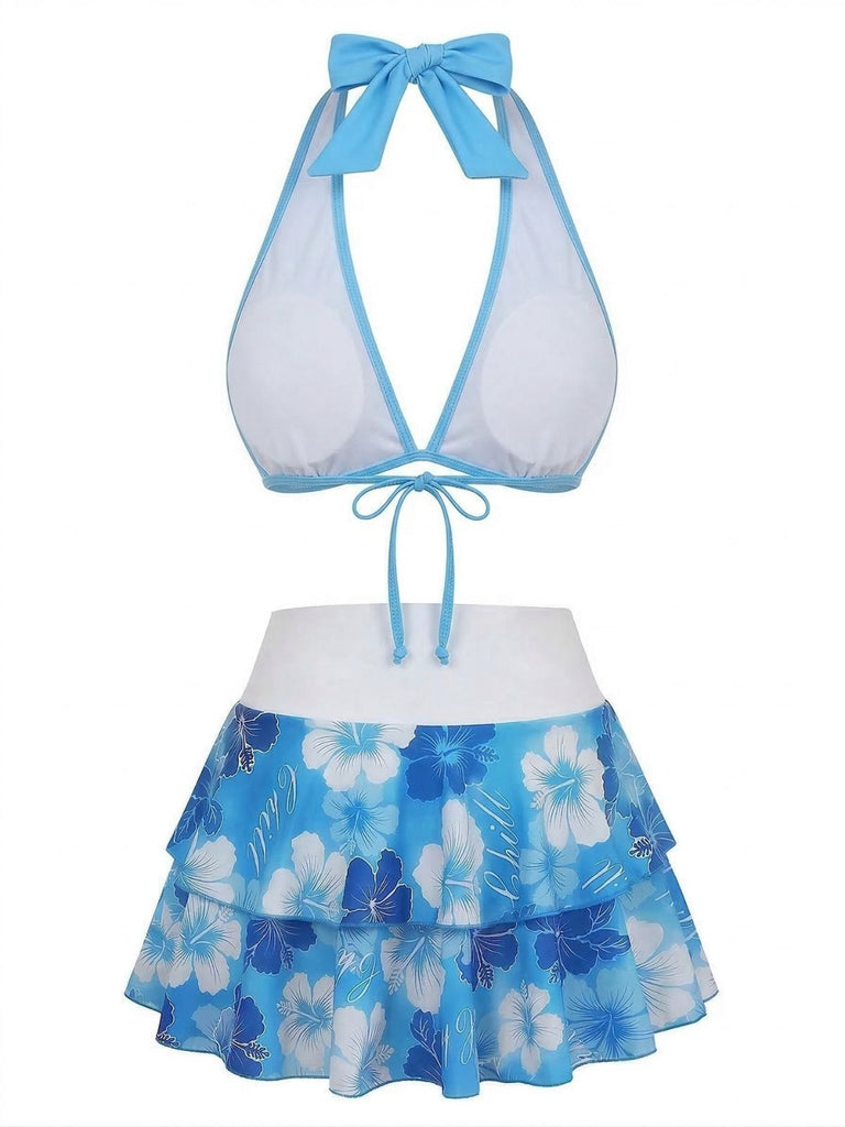 Bikini bleu imprimé floral volanté années 1960