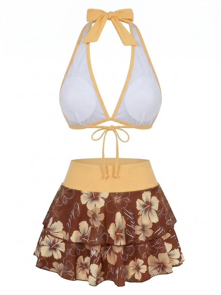 Bikini bleu imprimé floral volanté années 1960