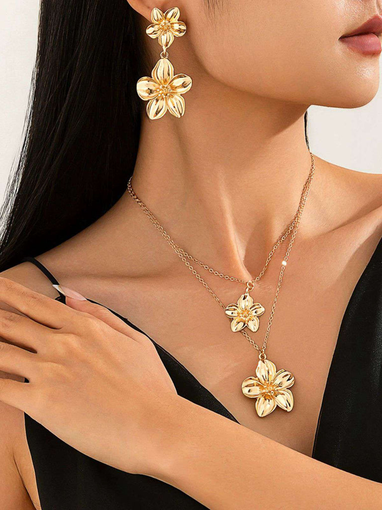 Ensemble collier et boucles d'oreilles à double clavicule florale