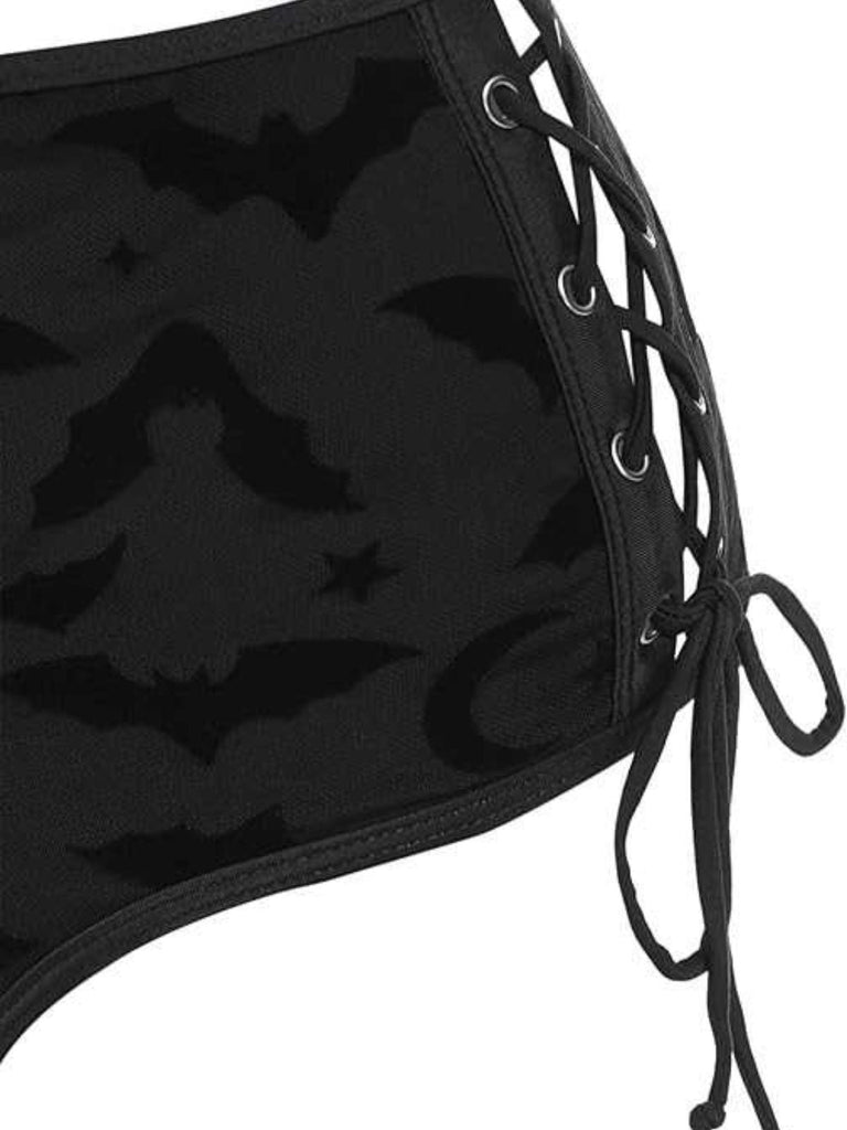 Ensemble bikini gothique en maille chauve-souris noire années 1980