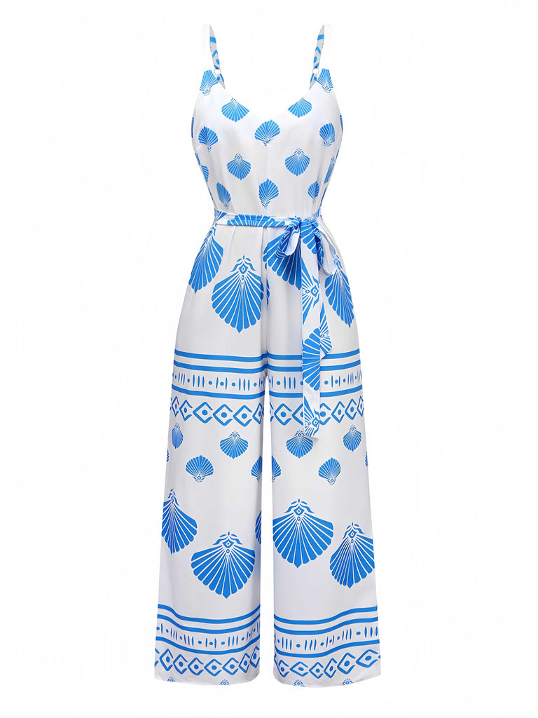 Combinaison bleue à bretelles imprimé coquillages avec ceinture années 1930