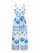 Combinaison bleue à bretelles imprimé coquillages avec ceinture années 1930