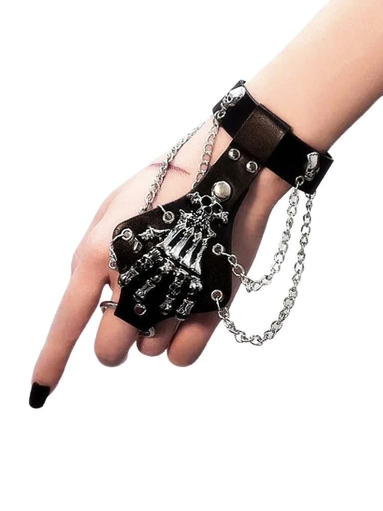 Bracelet de doigt en cuir et chaîne de main squelette punk