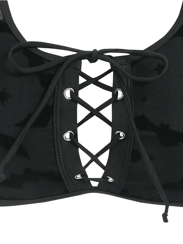 Ensemble bikini gothique en maille chauve-souris noire années 1980