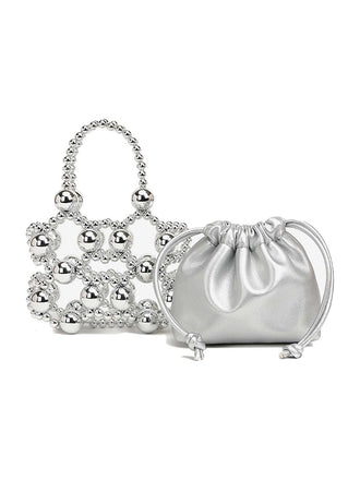 Mini sac seau à cordon de serrage et perles métalliques