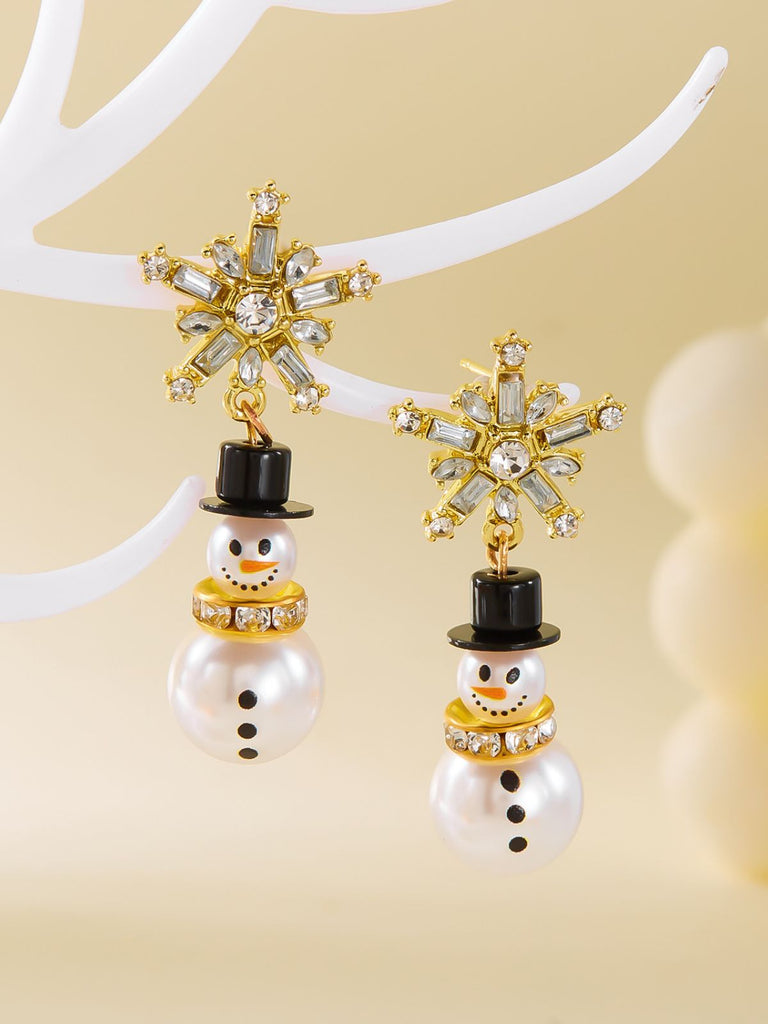 Boucles d'oreilles bonhomme de neige en strass flocons de neige et perles