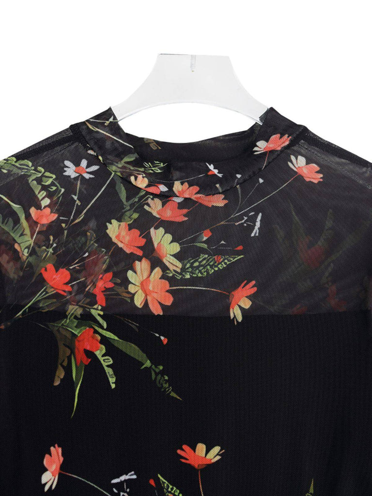 Robe longue noire fleurie à volants en maille années 1930