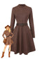 Robe marron manches longues col roulé court avec ceinture années 1970