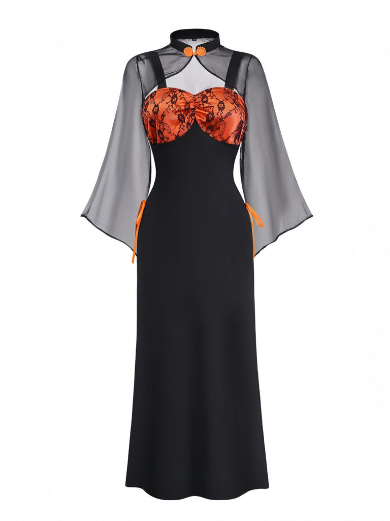 Robe orange en dentelle fleurie avec châle et chapeau des années 1940