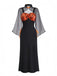 Robe orange en dentelle fleurie avec châle et chapeau des années 1940