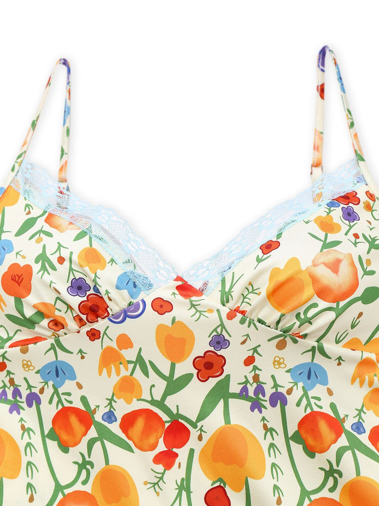Robe licou fleur dentelle à bretelles spaghetti années 1930