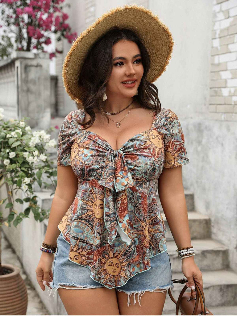 [Grande taille] Haut multicolore bohème nœud et soleil années 1970