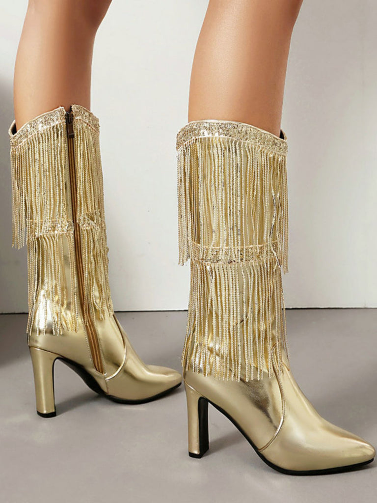 Bottines disco métallisées à franges et bout pointu