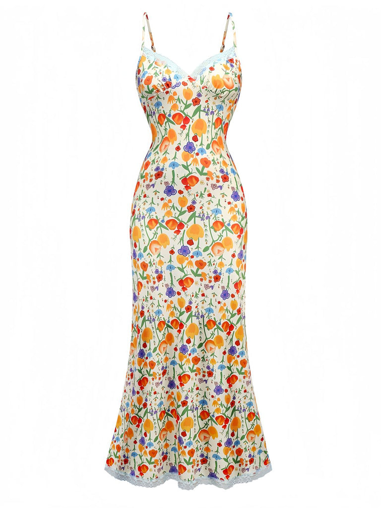 Robe licou fleur dentelle à bretelles spaghetti années 1930