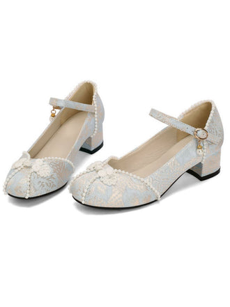 Chaussurres Mary Jane à talons épais en jacquard fleuri et perles