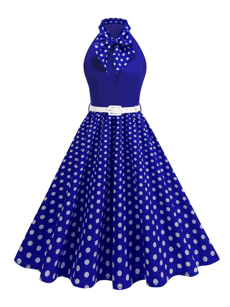 Robe Ceinturée Nœud Papillon Col Pois Années 1950