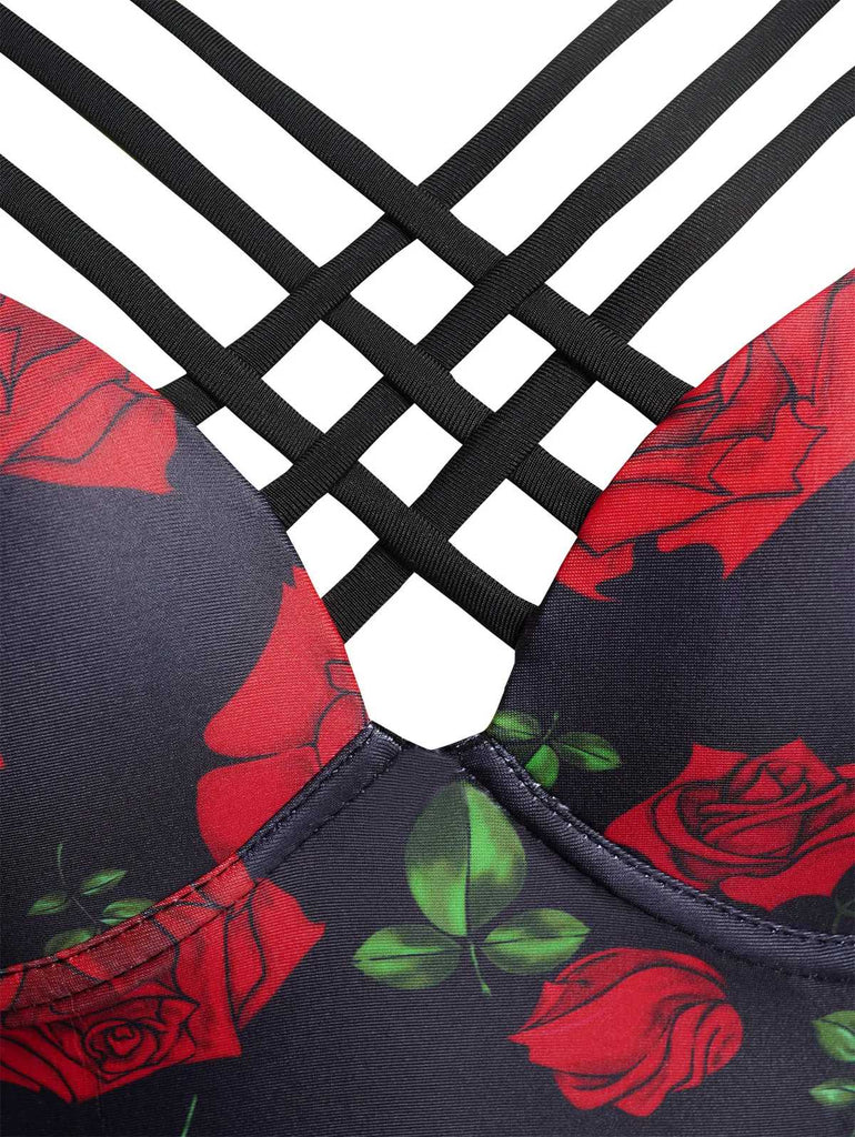 Ensemble bikini gothique roses noir à bretelles années 1980