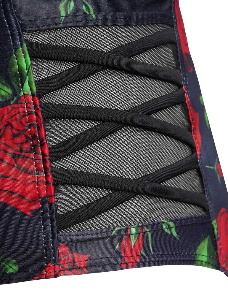 Ensemble bikini gothique roses noir à bretelles années 1980