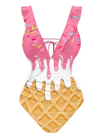 Maillot de bain rose à volants dos noué motif glace années 1970