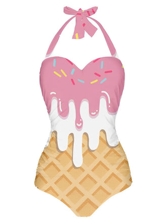 Maillot de bain dos nu rose à motif glace des années 1970