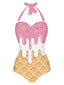 Maillot de bain dos nu rose à motif glace des années 1970