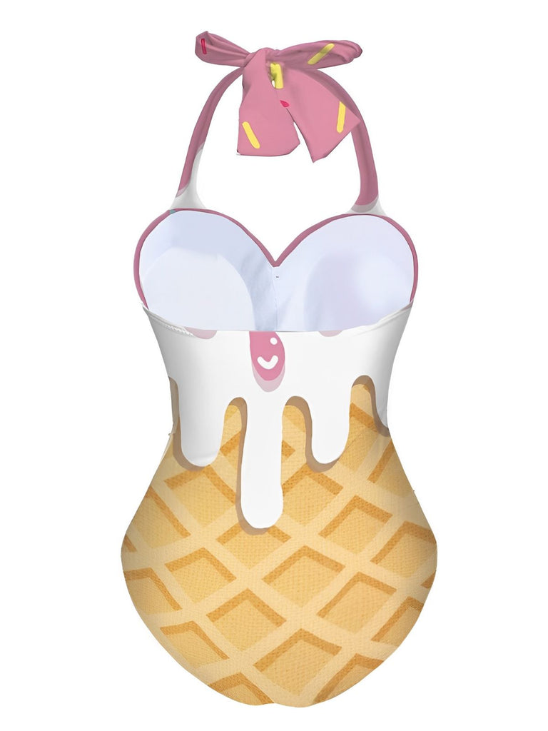 Maillot de bain dos nu rose à motif glace des années 1970