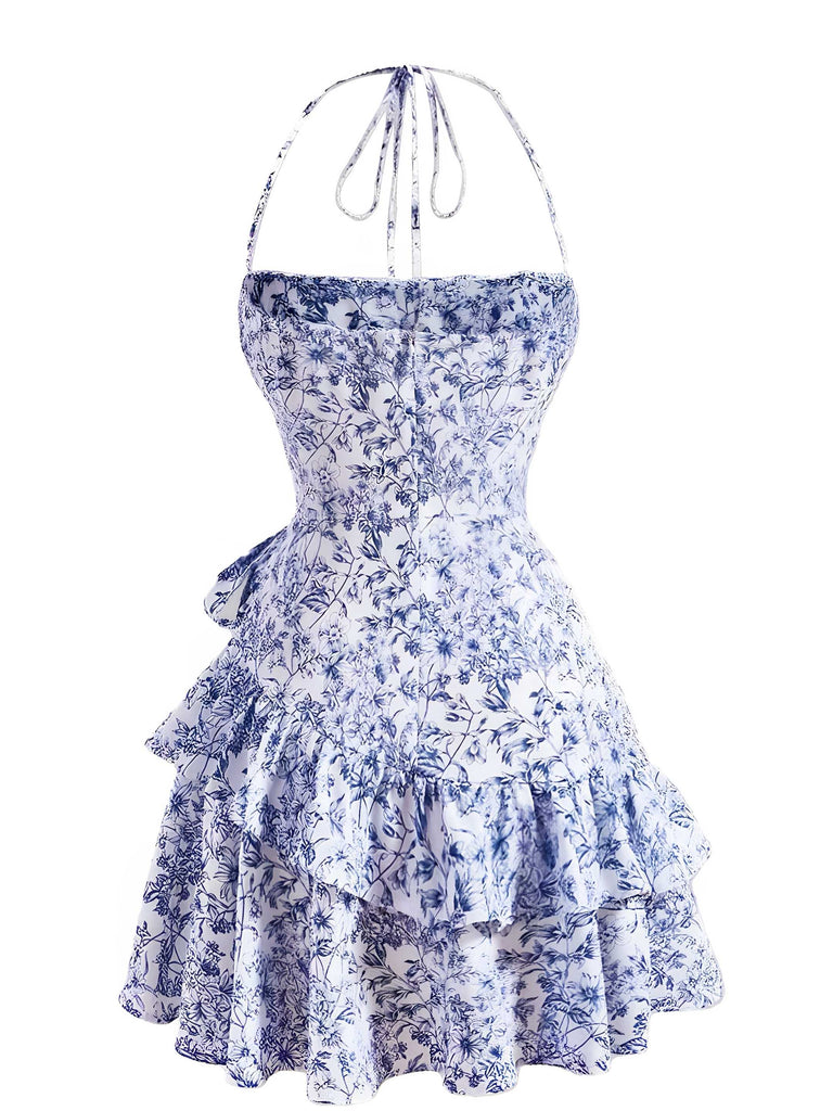 Robe à fleurs en porcelaine à volants et dos nu des années 1970