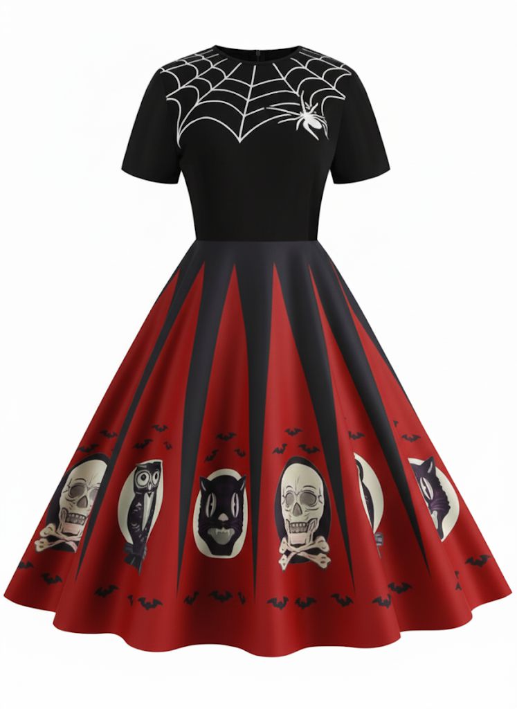 Robe patchwork imprimé toile d'araignée pour Halloween des années 1950
