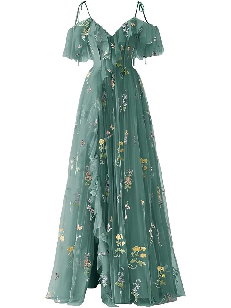 Robe Bleue fendue en tulle fleurs années 1970