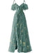 Robe Bleue fendue en tulle fleurs années 1970