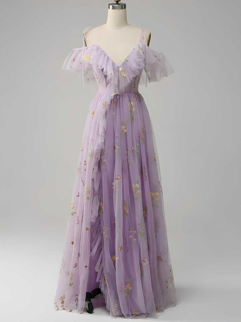 Robe Bleue fendue en tulle fleurs années 1970