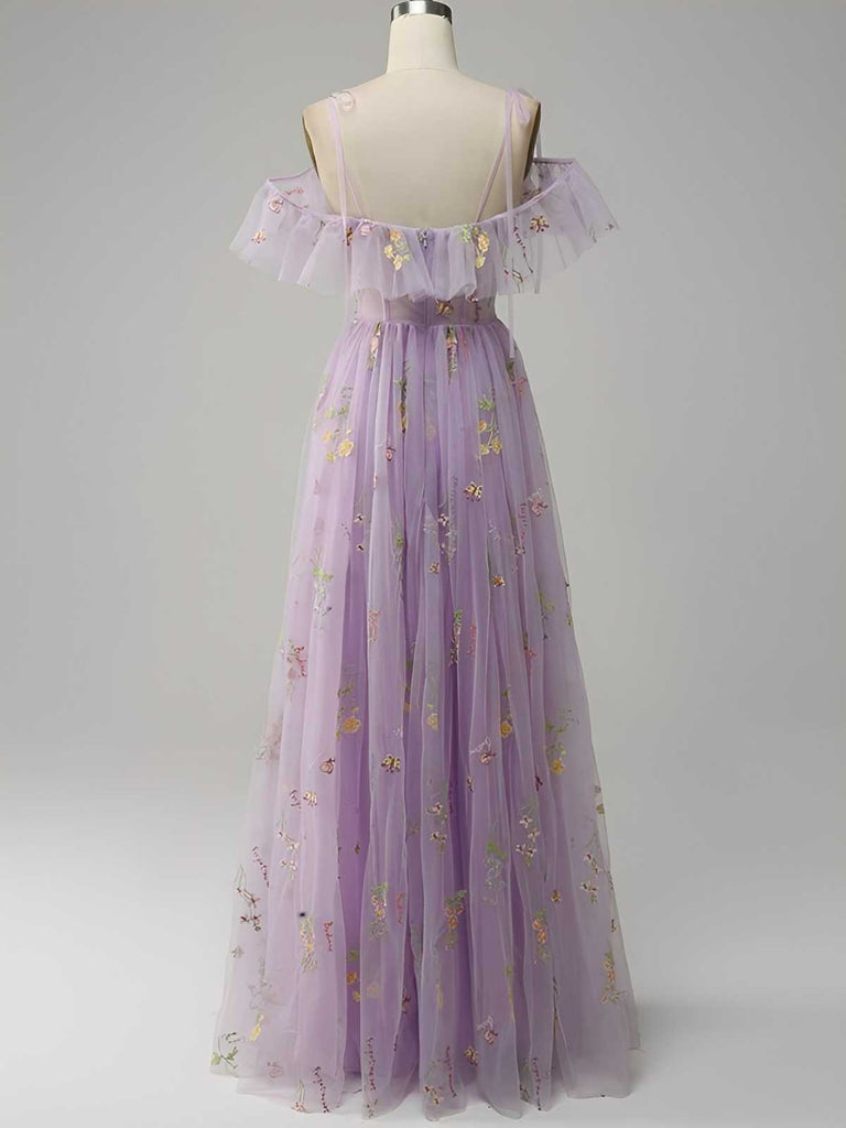 Robe Bleue fendue en tulle fleurs années 1970
