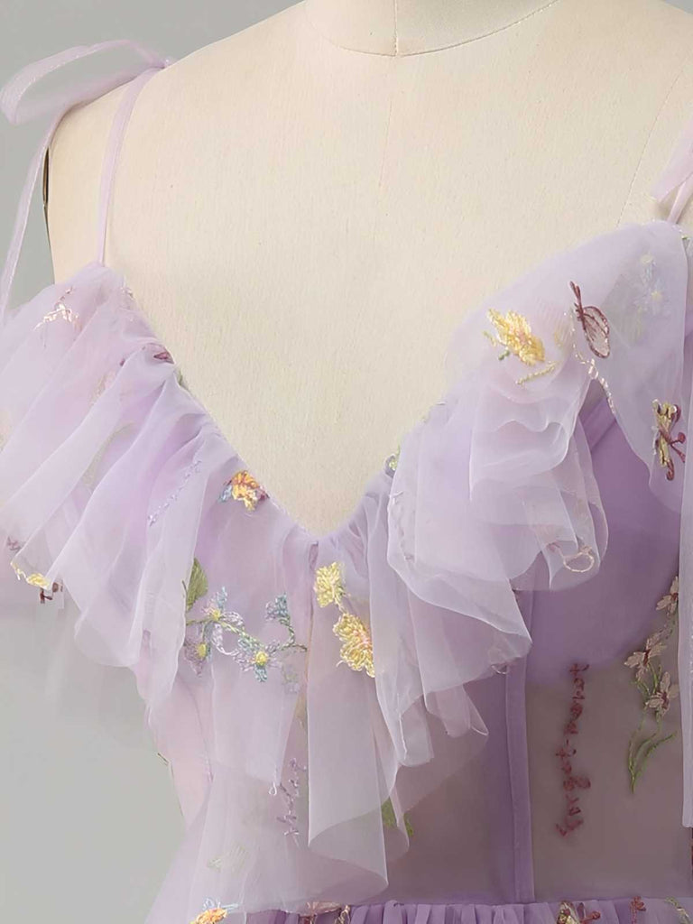 Robe Bleue fendue en tulle fleurs années 1970