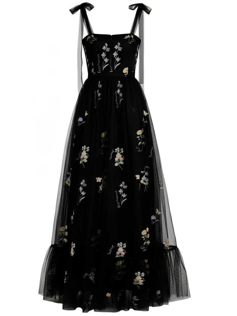 Robe longue noire brodée à fleurs en maille à épaules nouées des années 1930