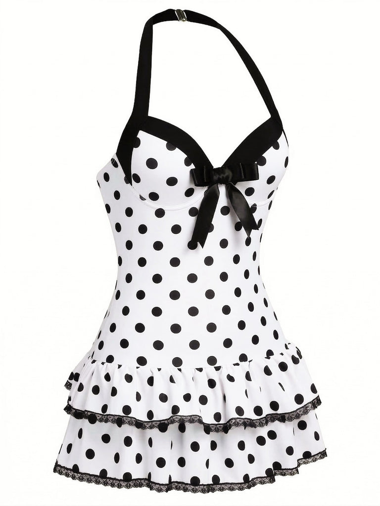 Maillot de bain une pièce bleu à pois et nœud années 1940