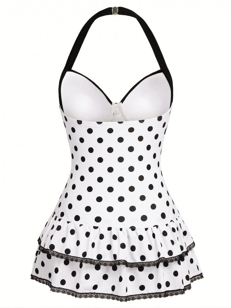 Maillot de bain une pièce bleu à pois et nœud années 1940