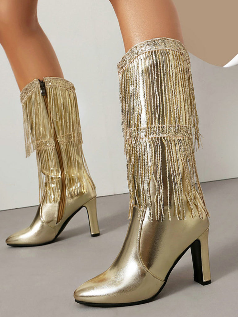 Bottines disco métallisées à franges et bout pointu